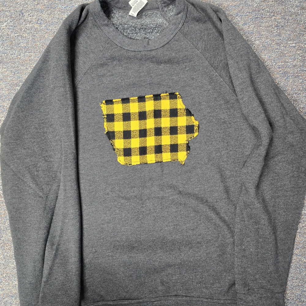 Gray Sweatshirt with Yellow Plaid Iowa Patch